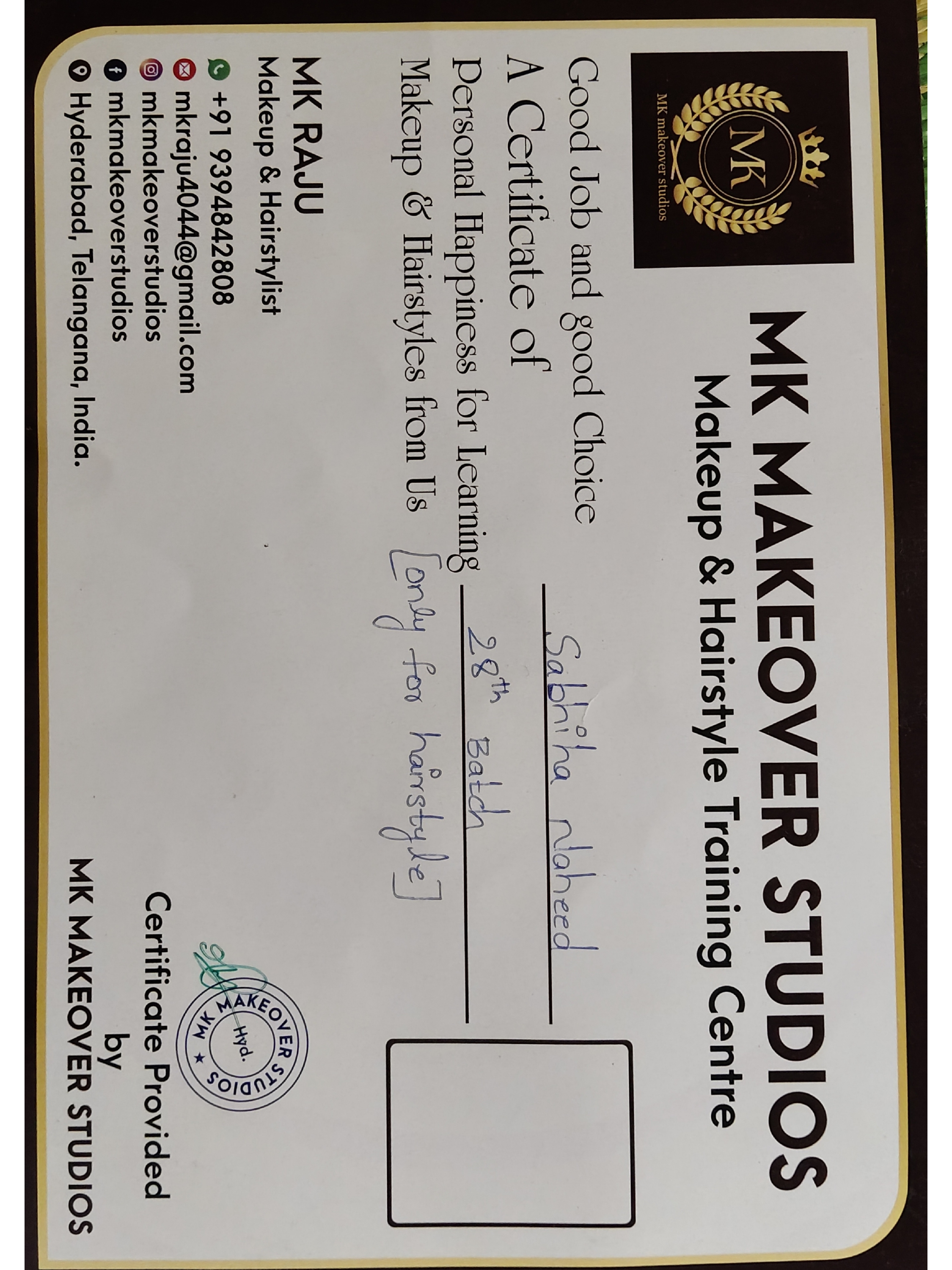 Certificate from MK Makeover Studios for makeup and hairstyle training