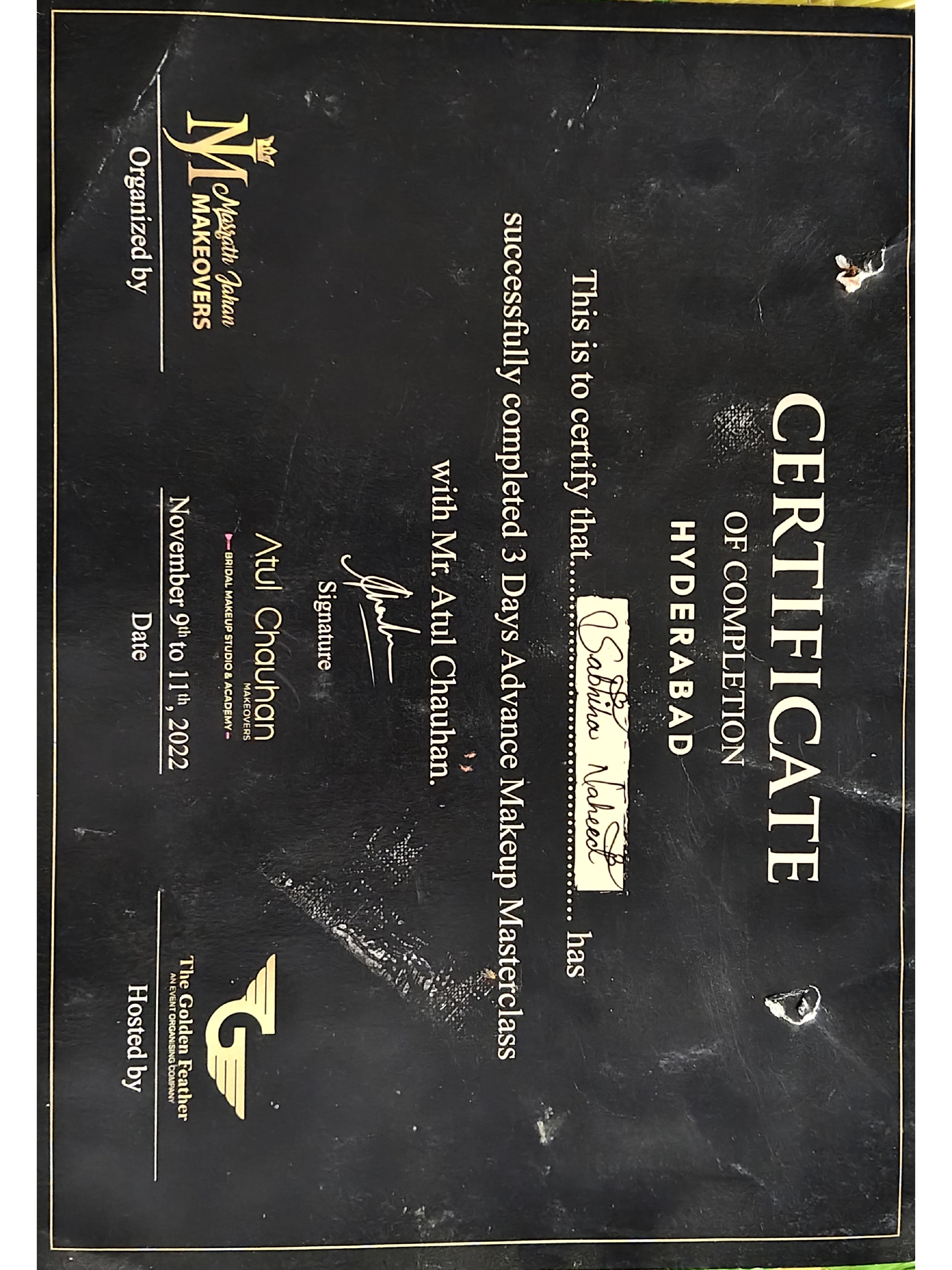 Certificate of completion for an advanced makeup masterclass