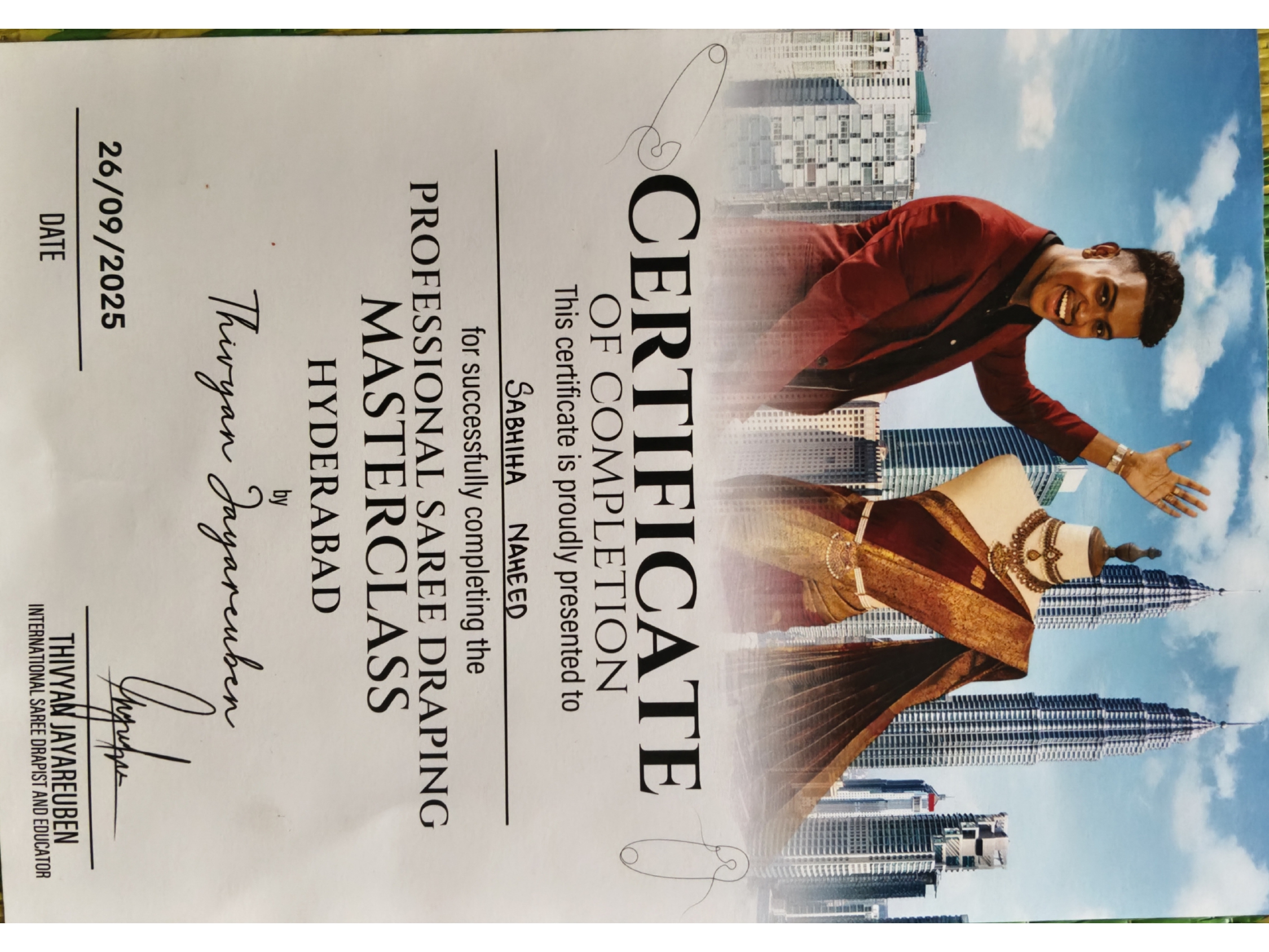 Certificate for professional saree draping masterclass