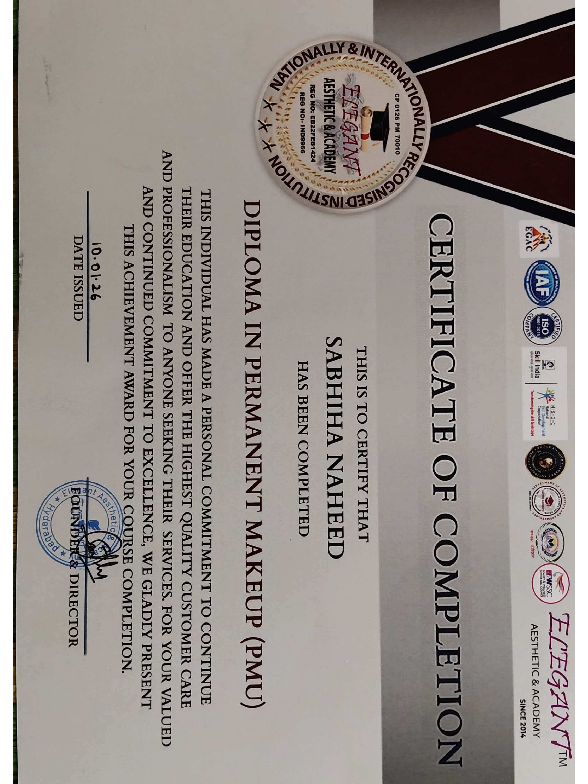 Certificate for a diploma in permanent makeup