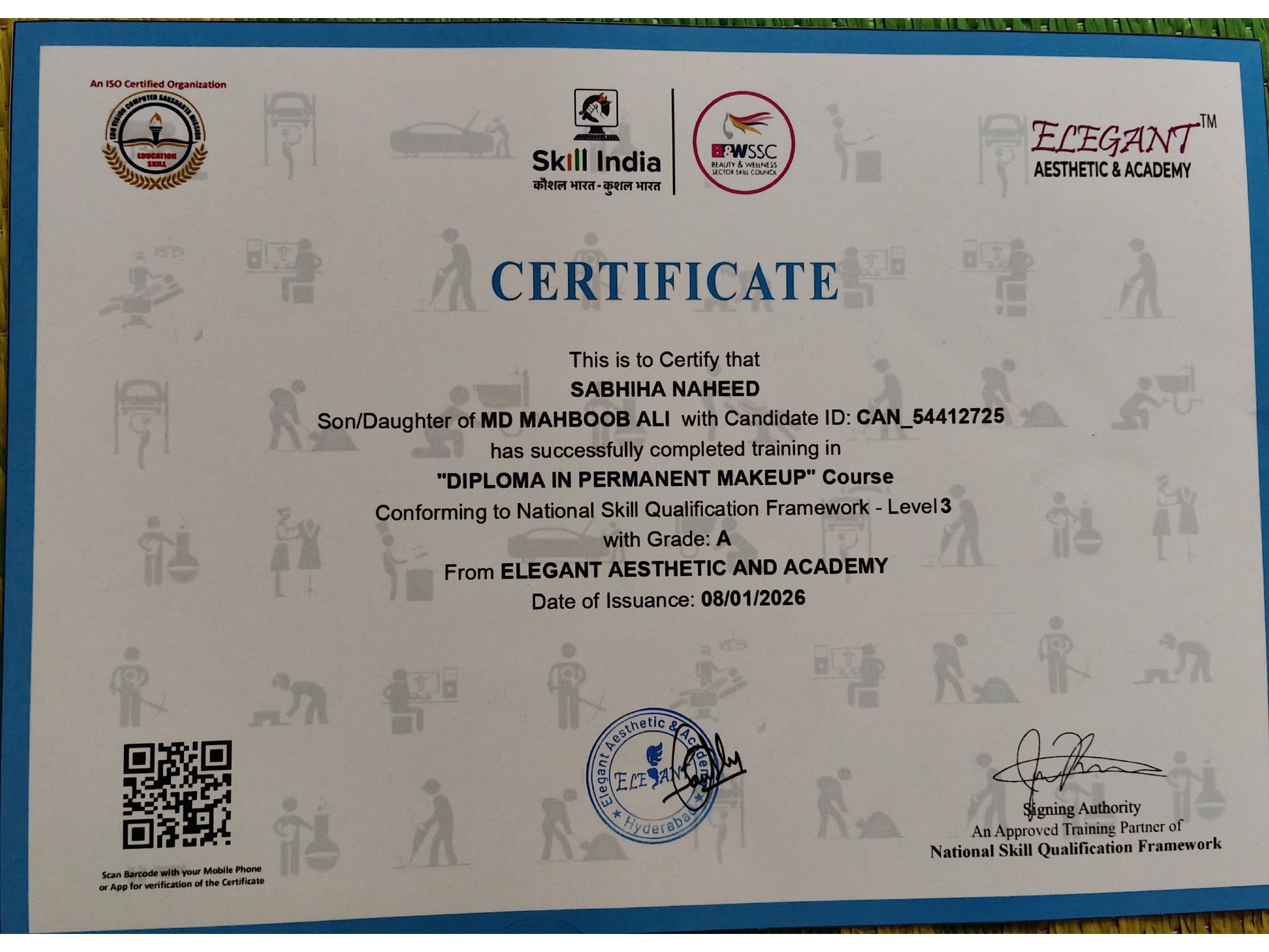 Skill India certificate for diploma in permanent makeup