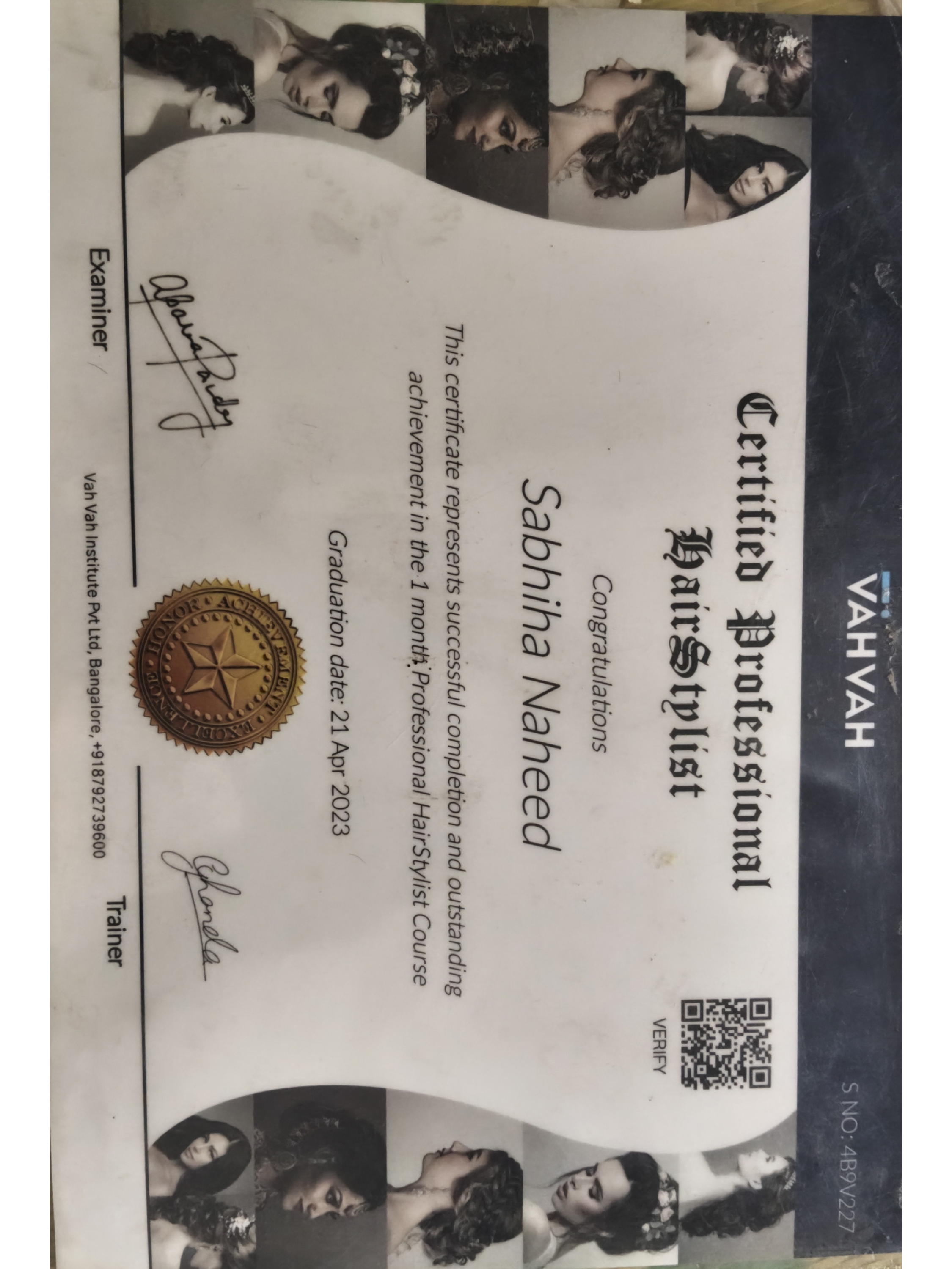 Vah Vah certificate for professional hairstylist training